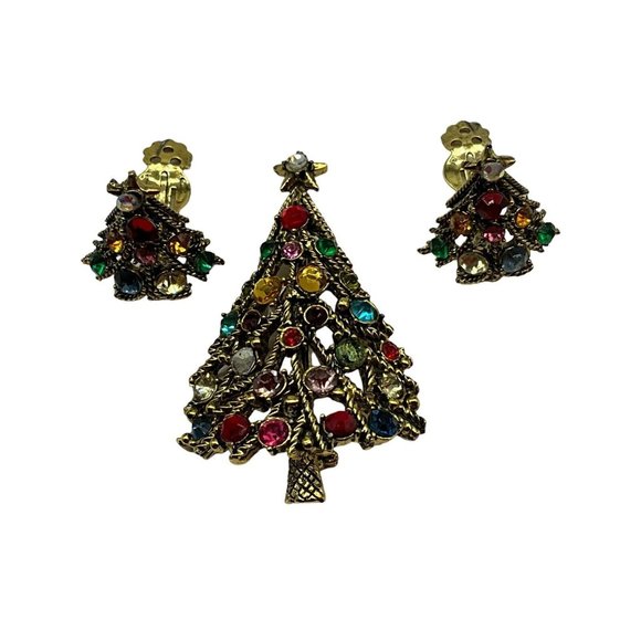 Hollycraft Vintage Christmas Tree Pin w/Matching Clip Earrings MCM Collectible - Picture 1 of 16